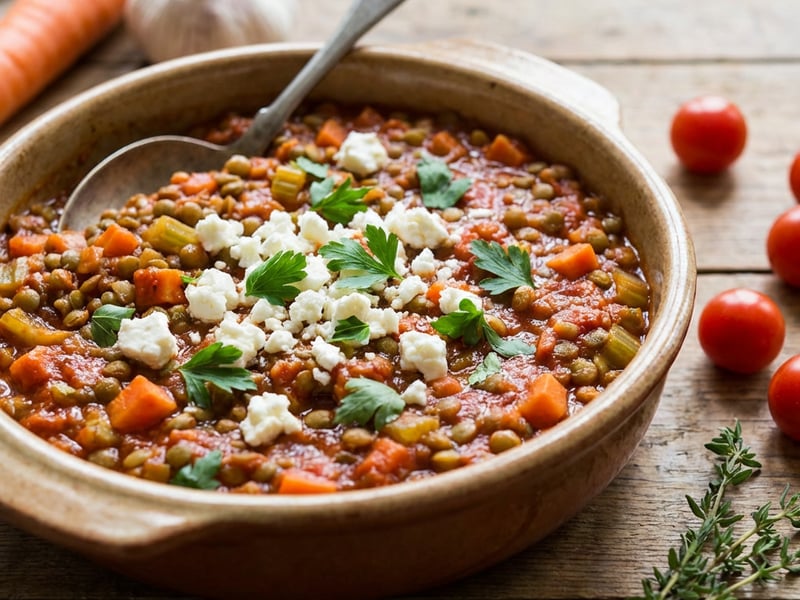 Baked Lentils with Roasted Vegetables and Feta