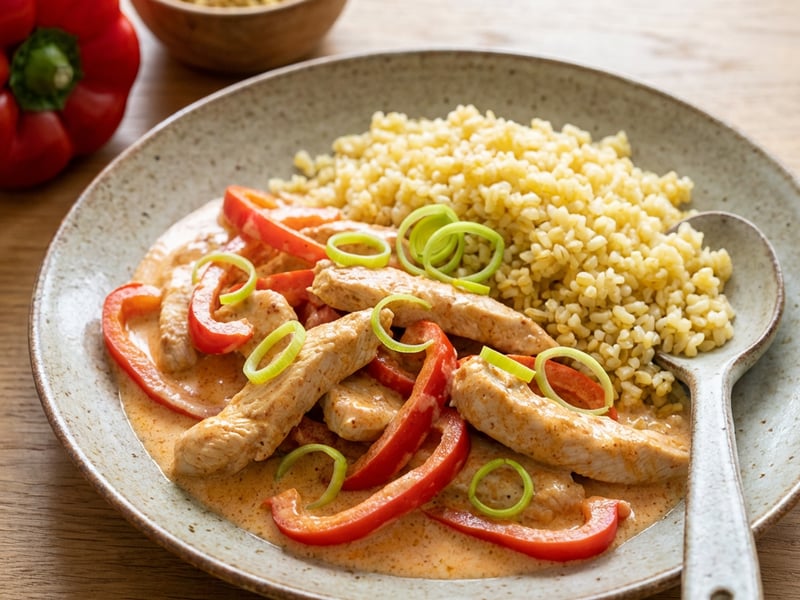 Turkey pieces with paprika, leek, and bulgur