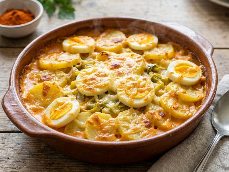 Baked potatoes with boiled eggs and leek