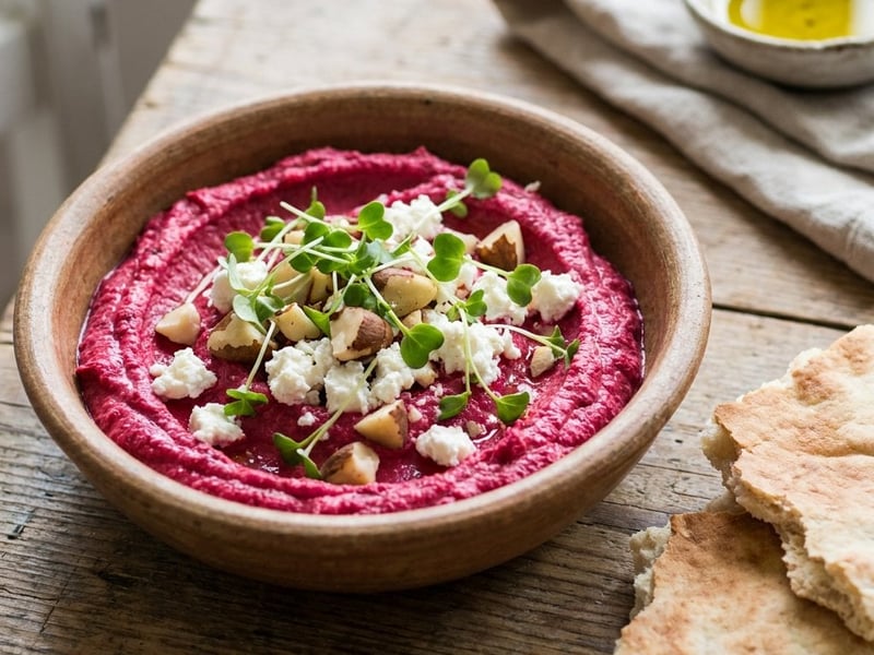 Hummus z červené řepy s kozím sýrem a para ořechy