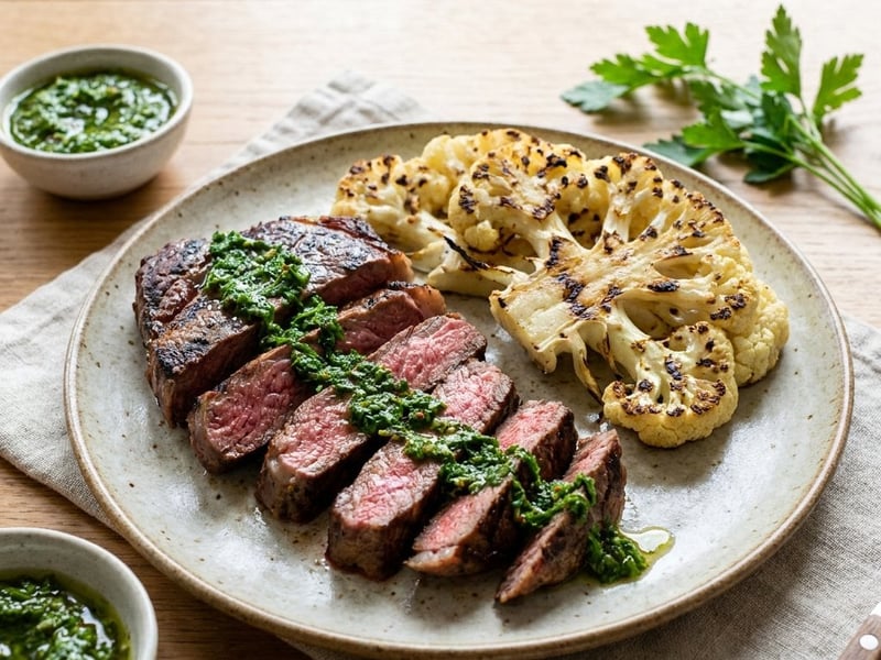 Steak with chimichurri and grilled cauliflower | Juicy and fresh grill
