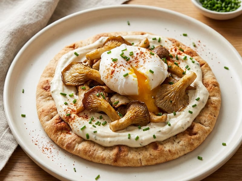 Flatbread s hlívou, dipem z konfitovaného česneku a pošírovaným vajíčkem