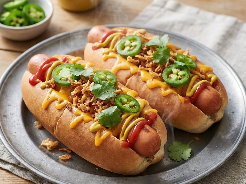 Hot dog with cheddar and tomato salsa