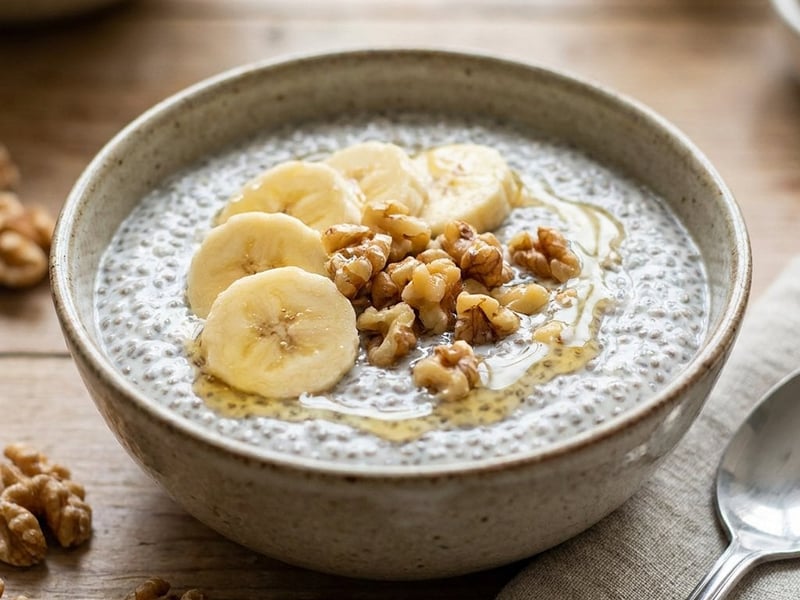 Chia pudding with banana and walnuts | Healthy breakfast