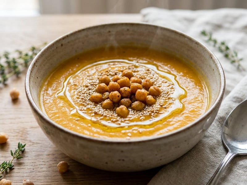 Carrot soup with roasted chickpeas | Crispy & warming