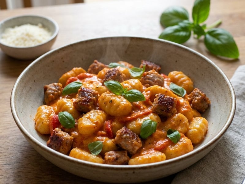 Gnochi peperoni, krém z pečených paprik, salsiccia