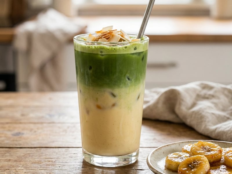 Matcha ledové kokosové latte s karamelizovaným banánem