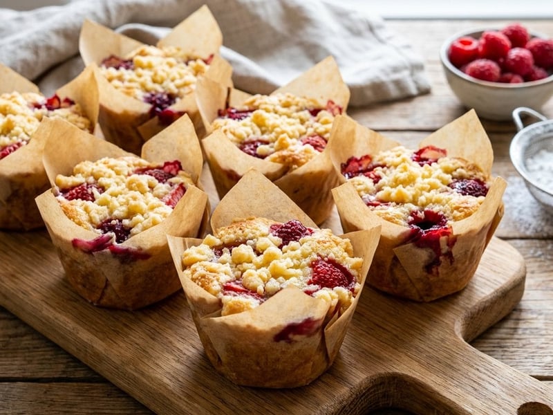 Tvarohové muffiny s ovocem a drobenkou