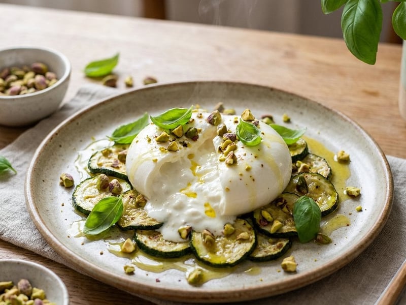 Krémová burrata na teplých cuketách s citrónem a pistáciemi