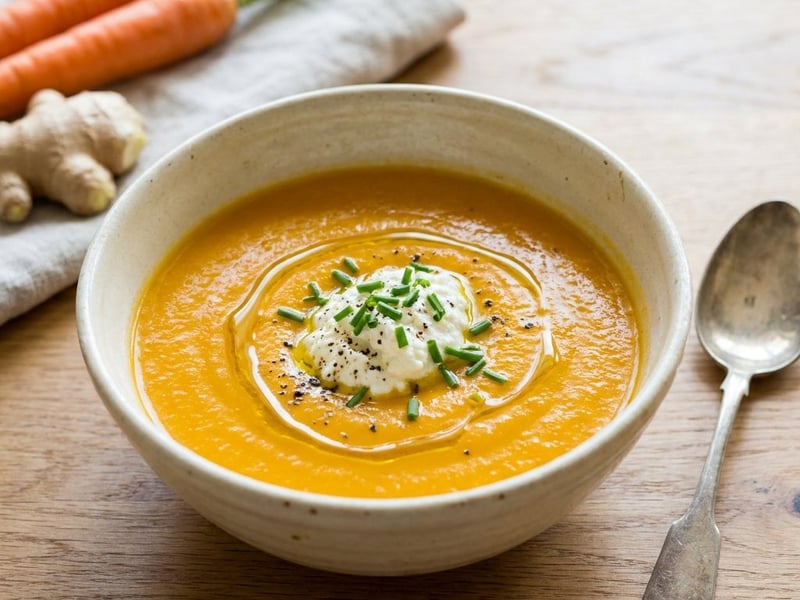 Carrot cream soup with ginger and ricotta