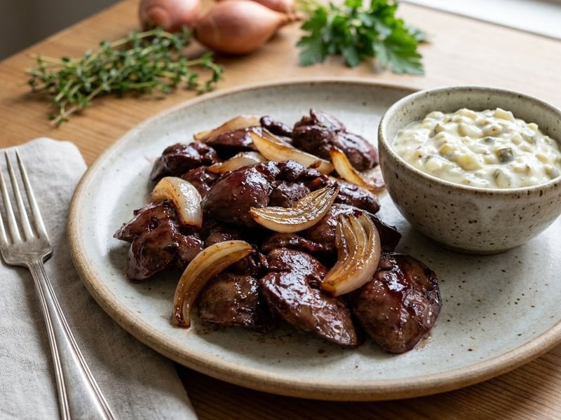 Poultry Liver in Red Wine with Homemade Tartar Sauce