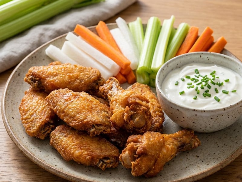 Smažená kuřecí křídla s crudités a zakysanou smetanou