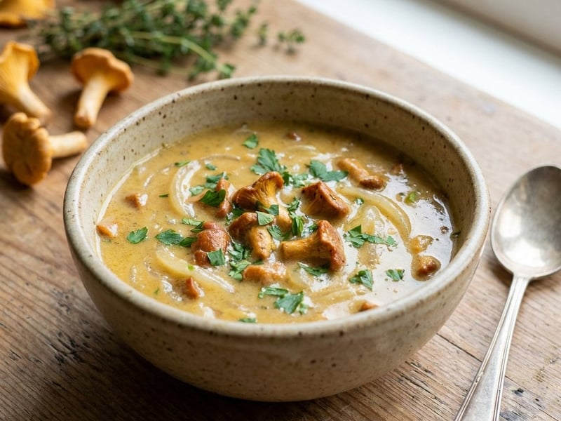 Onion soup with chanterelles