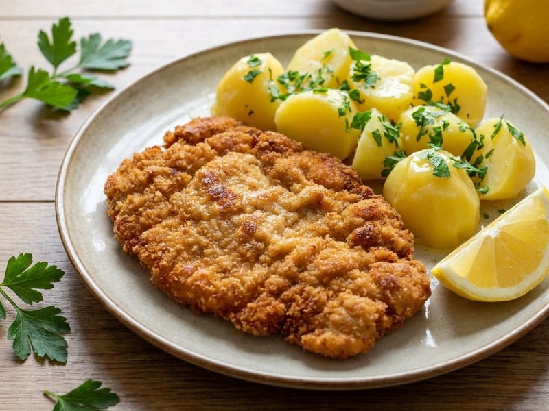 Zatloukaný řízek a petrželové brambory