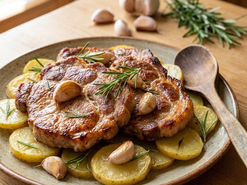 Roasted Pork Neck with Potatoes, Garlic, and Rosemary