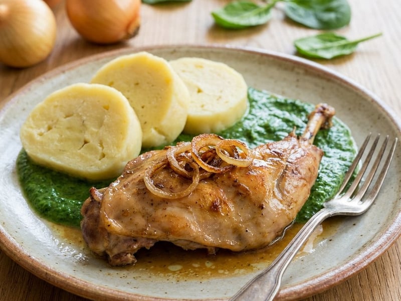 Roasted Rabbit with Spinach and Potato Dumplings