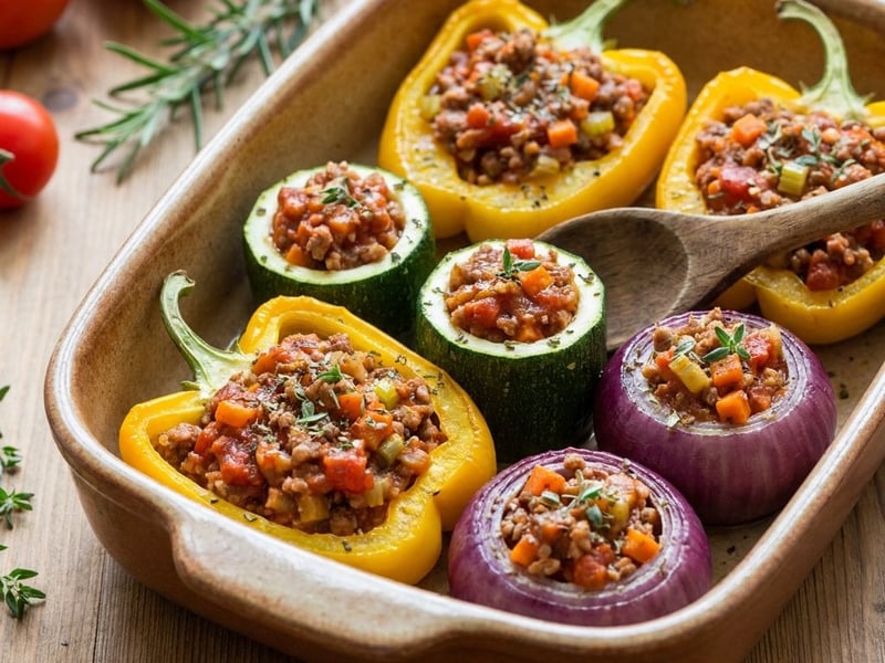 Baked vegetables stuffed with minced meat
