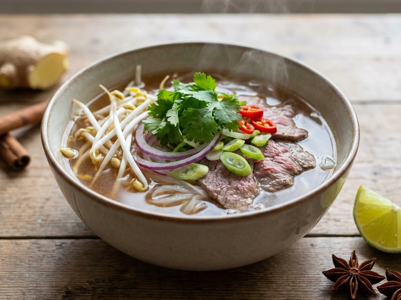 Phở bò - polévka s hovězím masem a rýžovými nudlemi