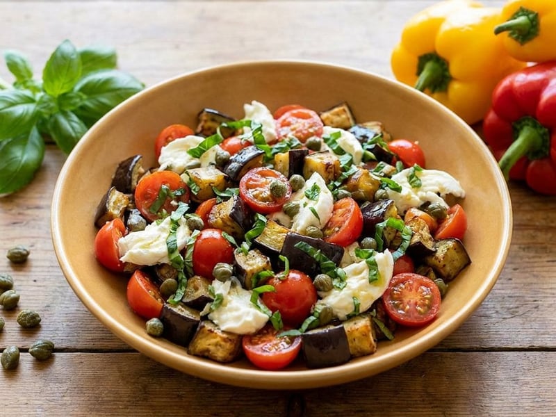 Tomato salad with eggplant and mozzarella