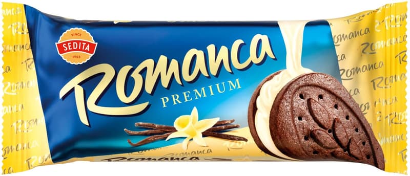 Sedita Romanca Premium Kakaové sušenky s čokoládou a s krémovou náplní s vanilkovou příchutí