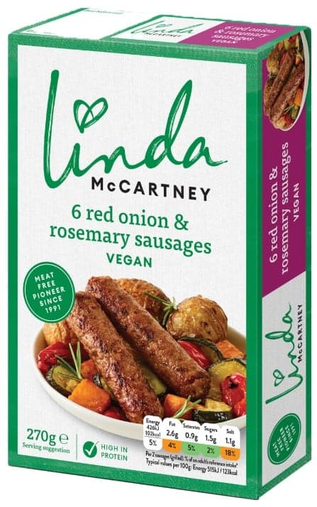Linda McCartney's Veganské klobásky s červenou cibulí a rozmarýnem, mražené (6 ks)
