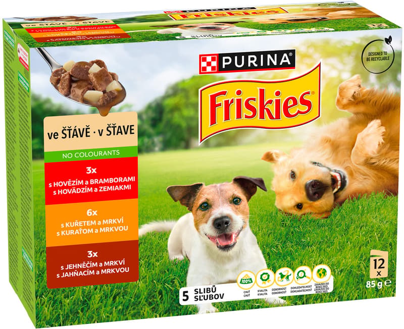 Friskies Adult kapsičky pro psy hovězí, kuře, jehněčí ve šťávě 12×85 g