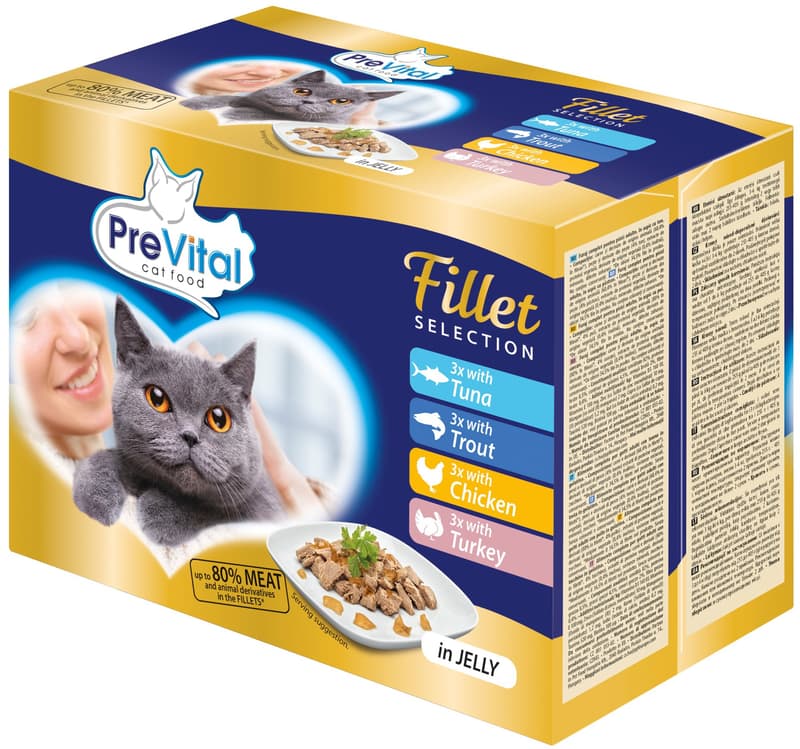 PreVital Fillet Selection kapsičky pro kočky s tuňákem, pstruhem, kuřecím a krůtím v želé 12×85 g