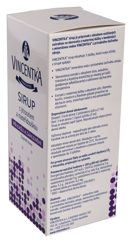 Vincentka Sirup s jitrocelem a mateřídouškou 200ml