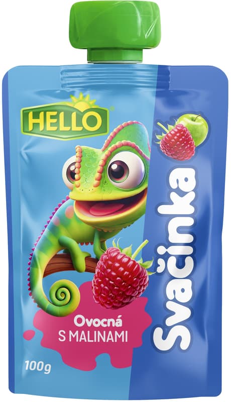 Hello fruit snack in a pocket with raspberries