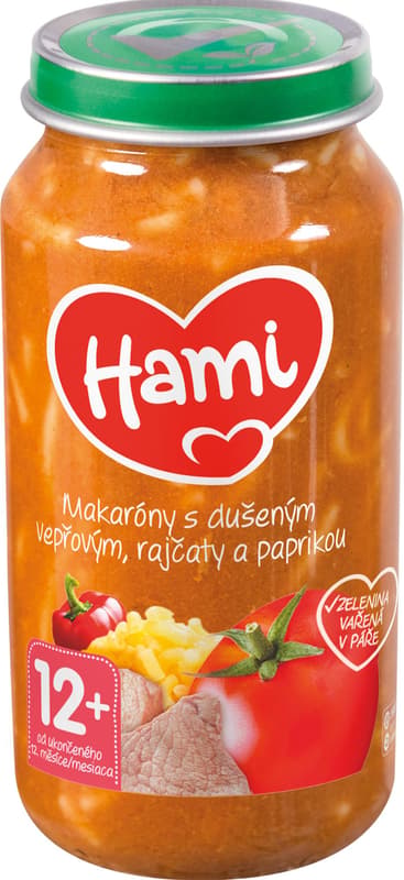 Hami Příkrm makaróny s dušeným vepřovým, rajčaty a paprikou