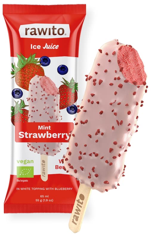 Raw strawberry frozen dessert in white chocolate with blueberries