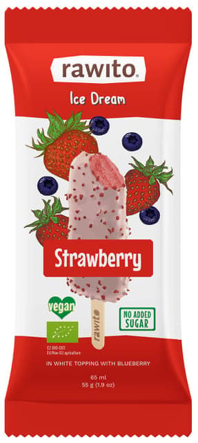 Raw strawberry frozen dessert in white chocolate with blueberries