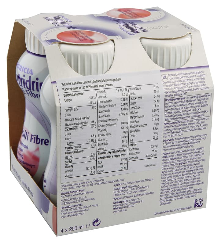 NUTRIDRINK MULTI FIBRE S PŘÍCHUTÍ JAHODOVOU perorální roztok 4X200ML