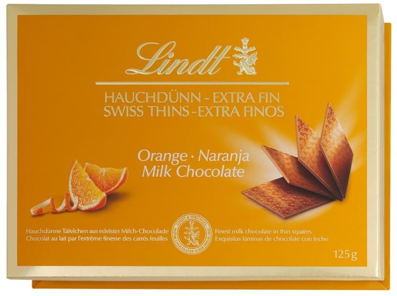 Lindt Thins Orange Mléčná čokoláda s příchutí pomeranče