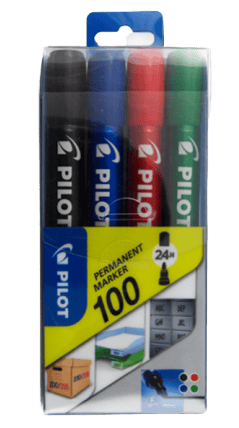Pilot 100, kulatý permanentní popisovač, 4 barvy, šířka stopy 1 mm, šířka hrotu 4,5 mm