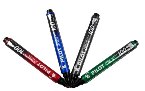 Pilot 100, kulatý permanentní popisovač, 4 barvy, šířka stopy 1 mm, šířka hrotu 4,5 mm