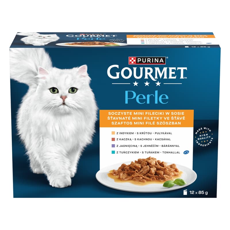 Gourmet Perle kapsičky pro kočky krůta, kachna, jehněčí, tuňák ve šťávě 12×85 g