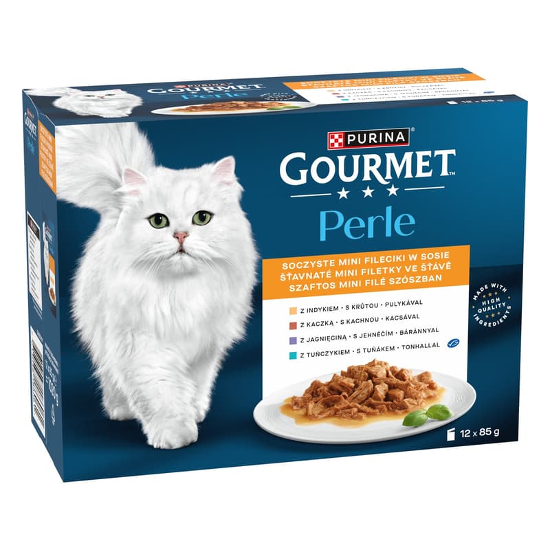 Gourmet Perle kapsičky pro kočky krůta, kachna, jehněčí, tuňák ve šťávě 12×85 g