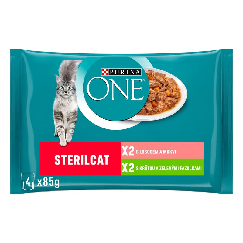 Purina ONE Sterilised kapsičky pro kočky krůta, losos ve šťávě 4×85 g