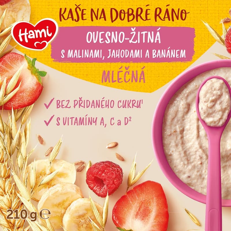 Hami Mléčná kaše mléčná kaše ovesno-žitná s malinami, jahodami a banánem