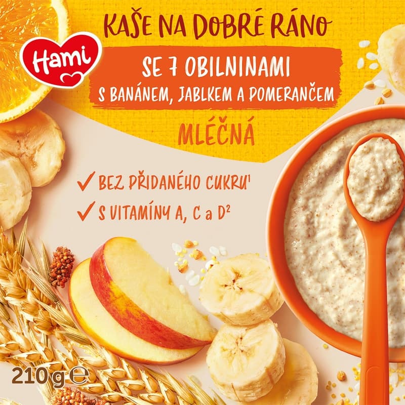 Hami Mléčná kaše se 7 obilninami s jablkem, banánem a pomerančem