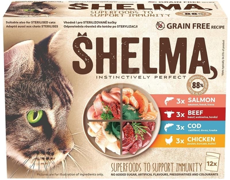 Shelma Bezobilné dušené filetky výběr z masa a ryb pro kočky 12×85 g