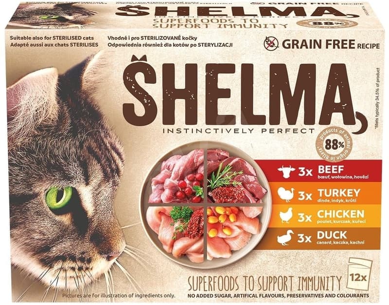 Shelma Bezobilné dušené filetky masový výběr pro kočky 12×85 g