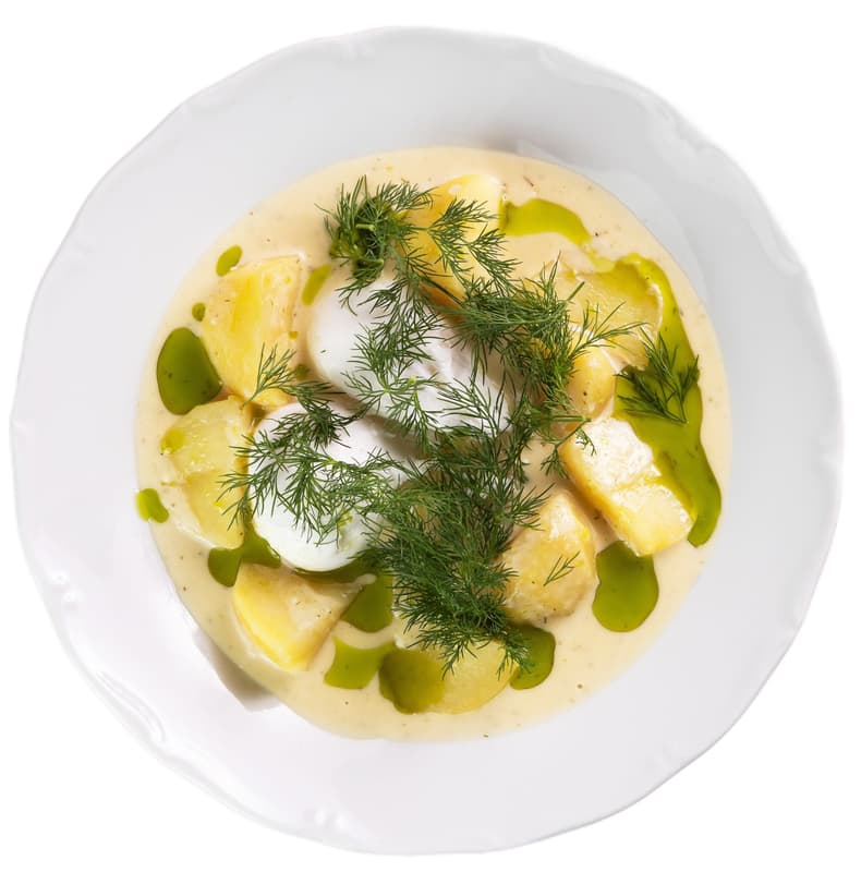 Koprová omáčka s pošírovaným vejcem a vařenými brambory z restaurace Kuchyň