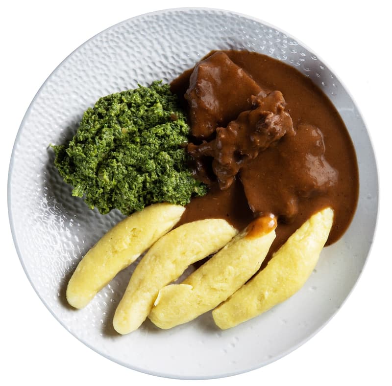 Beef roasted on garlic, spinach and potato dumplings by Petr Bureš