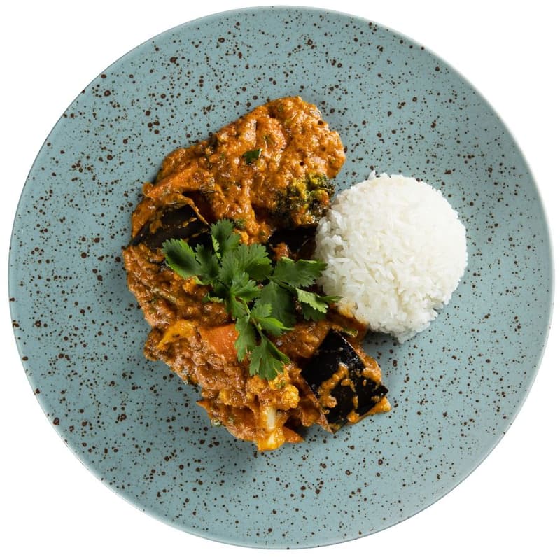 Eggplant masala with vegetables with jasmine rice by Mahavir Kanswala