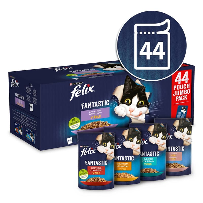 Felix Fantastic kapsičky pro kočky hovězí, kuře, losos, tuňák v želé 44×85 g