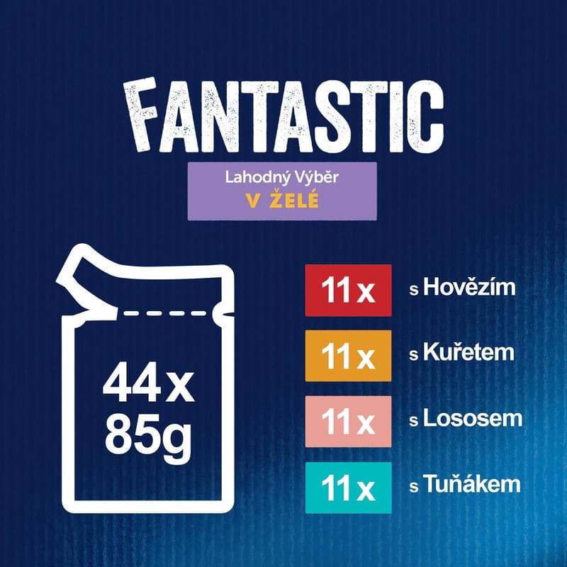 Felix Fantastic kapsičky pro kočky hovězí, kuře, losos, tuňák v želé 44×85 g