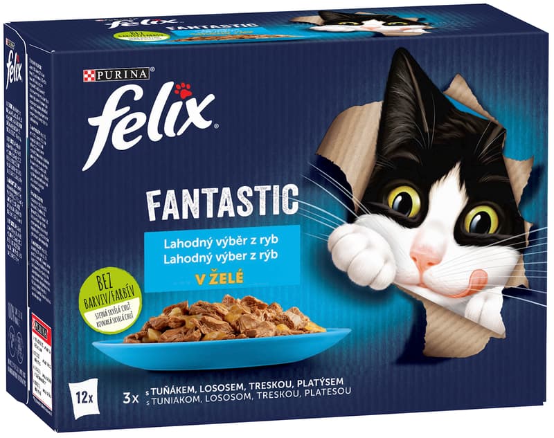 Felix Fantastic kapsičky pro kočky losos, platýs, tuňák, treska v želé 12×85 g