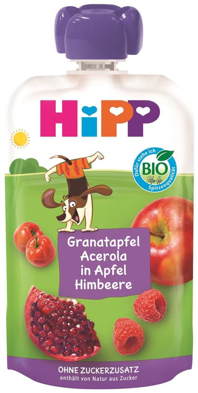 HiPP BIO Kapsička Hippis jablko, maliny, granátové jablko a acerola